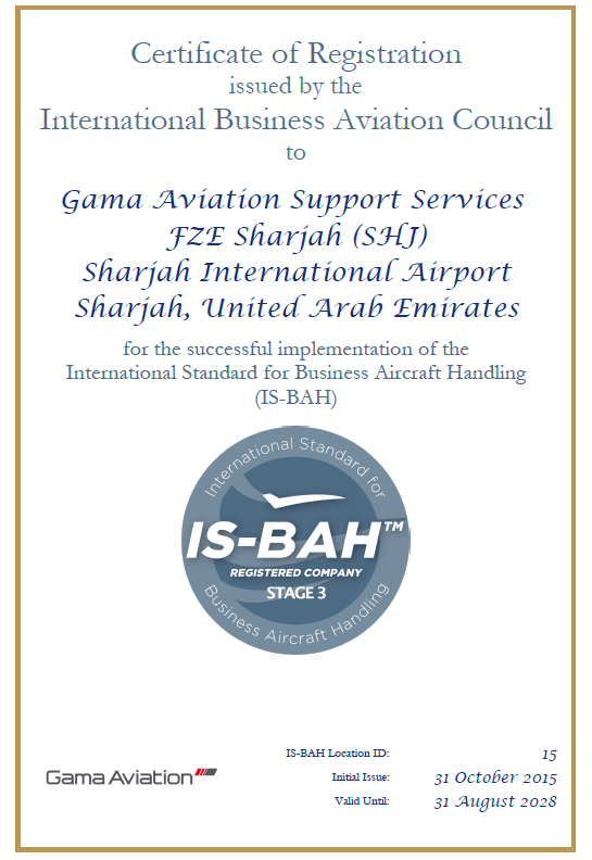 Gama Aviation’s Sharjah FBO Achieves IS-BAH Stage 3 for Second Time and Marks 10 Years in Programme